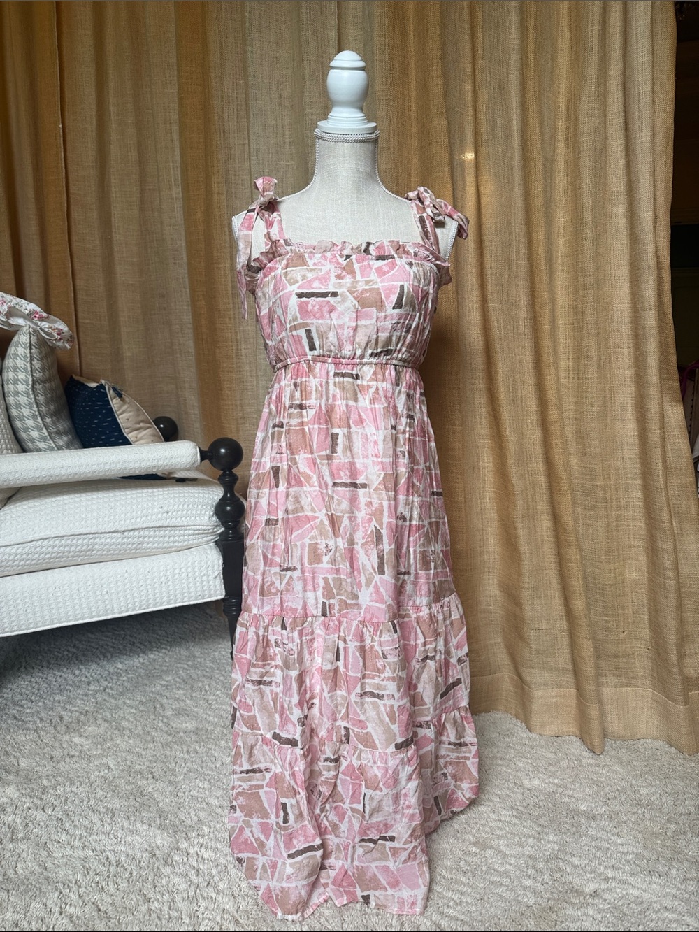 Tie-Shoulder Pink Patterned Maxi Dress